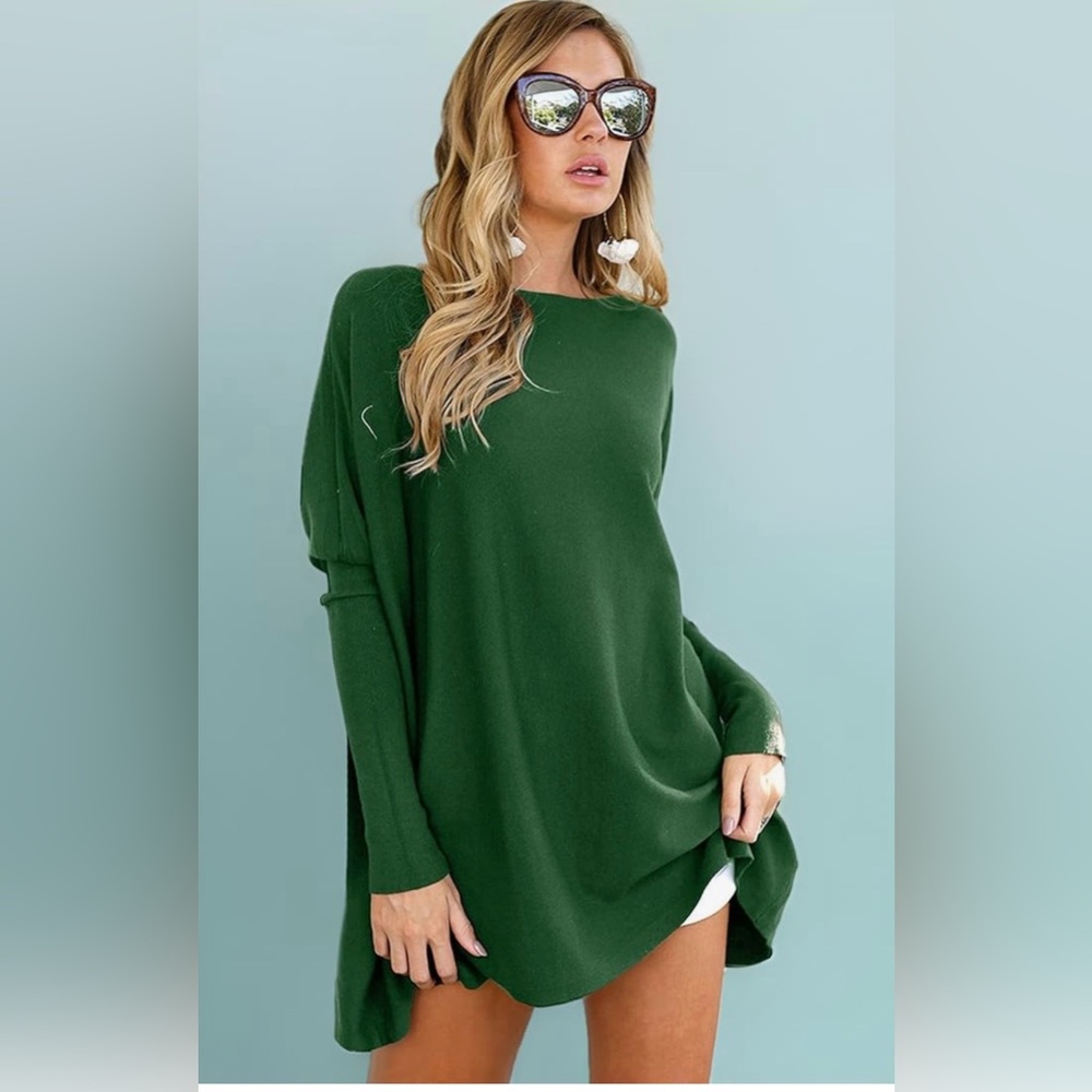 Oversized Green Batwing Tunic Top - Long Sleeve Legging-Friendly Sweater